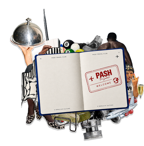 Collage illustration of an open PASH Travel Club passport surrounded by luggage, a camera, pool balls, a cloche tray and a plane