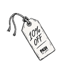 Line art illustration of a hangtag reading 10% off, PASH