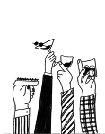 Line art illustration of arms in patterned sleeves and ties, raised together