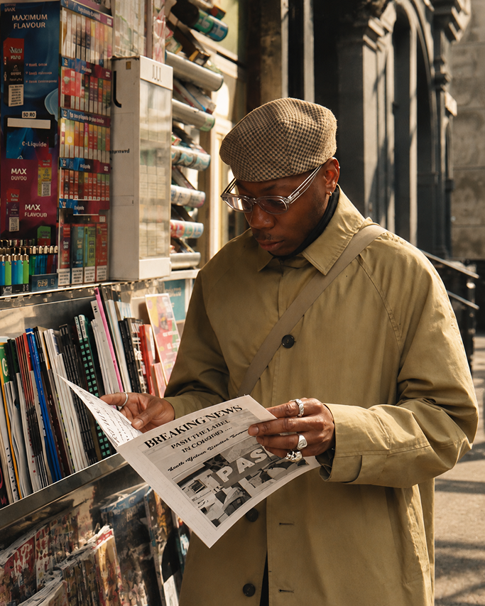 Man in a trench coat and cap reading a PASH the label newspaper at a newsstand